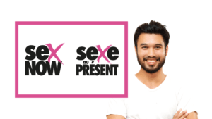 sex now logo with man smiling man standing next to logo.